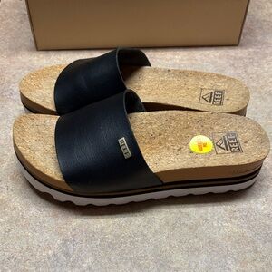 Reef Black Cork Footbed Slide Sandals